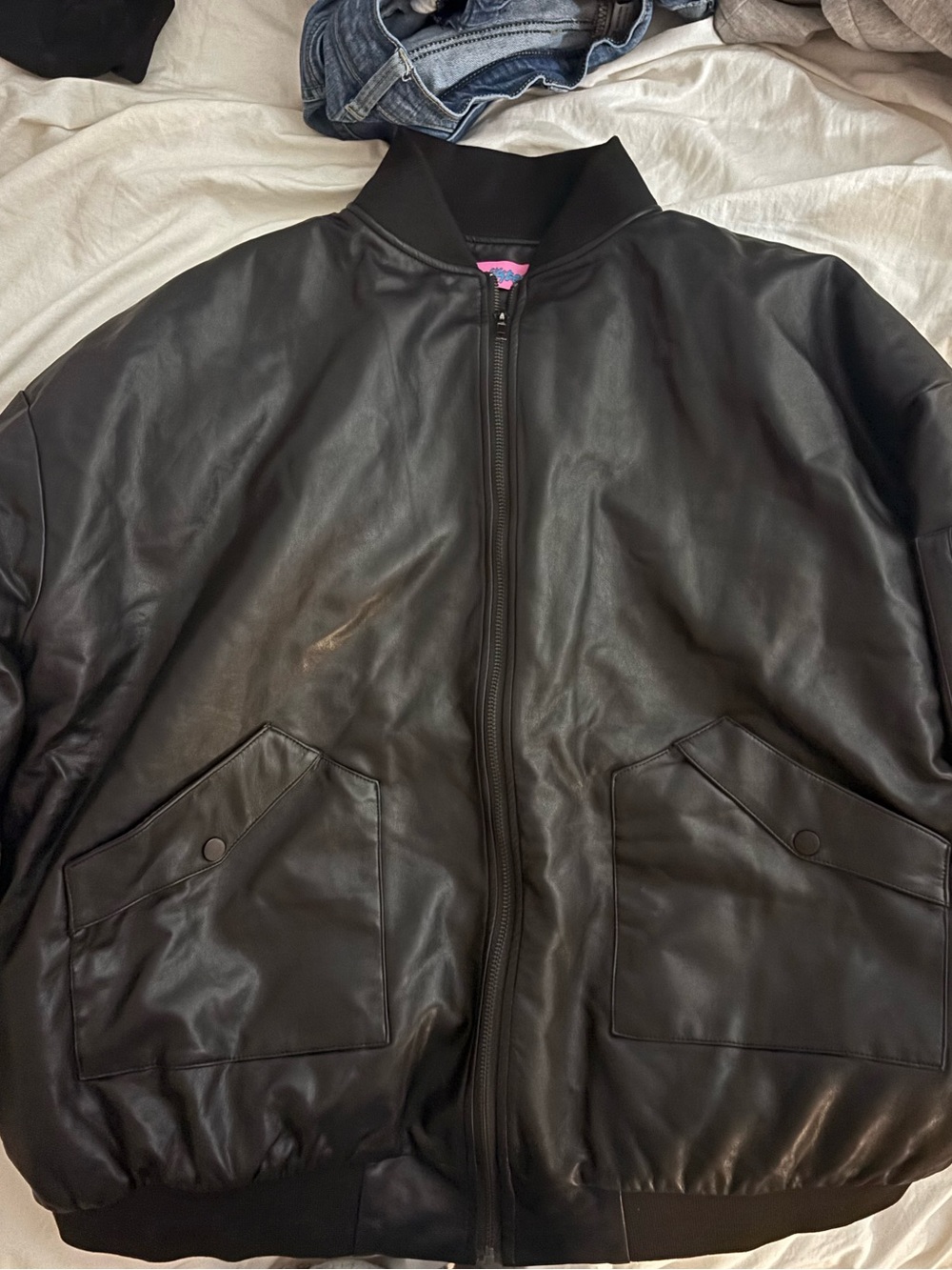 Edikted Black Leather Bomber Jacket